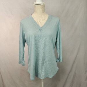 NWT Orvis Women's V Neck 3/4 Sleeve Relaxed Fit Linen Blend Top S Ether Green